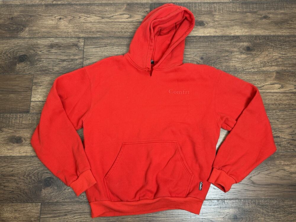 Comfrt Men's Red Fleece Pullover Hoodie Pockets Logo Sz XL READ